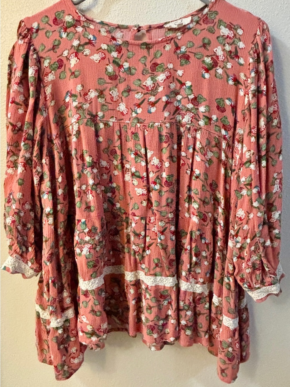 easel Pink Floral Peasant Tunic with Lace Trim